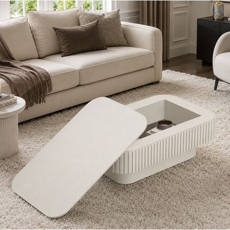 Table basse 98x60x35 cm MDF et placage bois crème, rangement caché, pour salon pratique – MEUBLIV (1/5)
