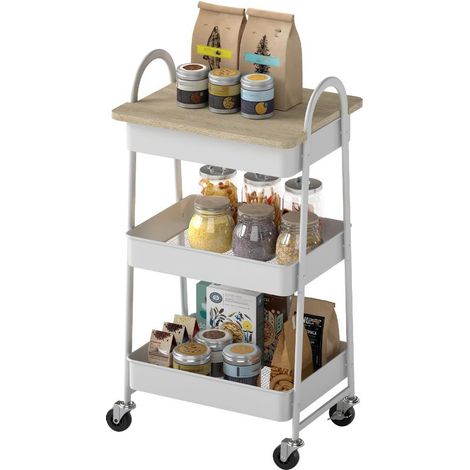 Küchenwagen, 3-stöckiger Servierwagen, obere Ablage, Körbe, Griffe, 45 x 32 x 77,5 cm, Eiche