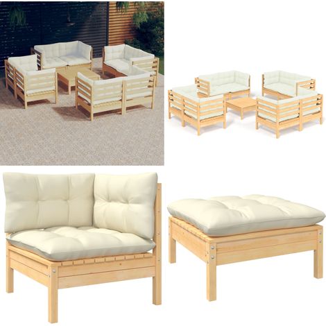 9-tlg. Garten-Lounge-Set mit Creme Kissen Kiefernholz - Gartenmöbel - Loungesessel - Gartenloungeset - Rattan Möbel - Outdoor Furniture - Home & Living