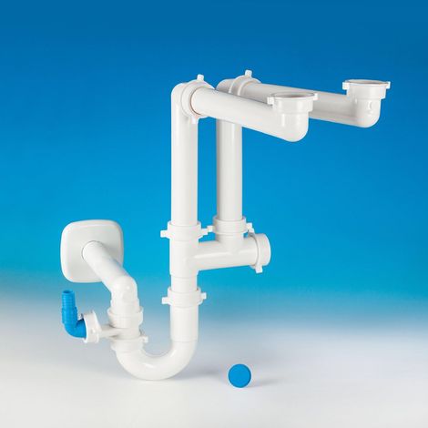 Siphon Spazio 2 Pour éviers à deux bacs avec Glu-Glu Stop Domestico Tee anti-bruit pour silencer l'évacuation du lave-vaisselle/lave-linge (1/5)