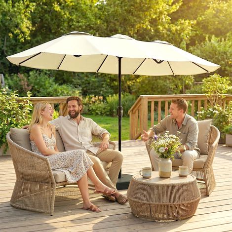 Double parasol 12 lattes manivelle base transversale sacs métal polyester 3x1,5m, beige