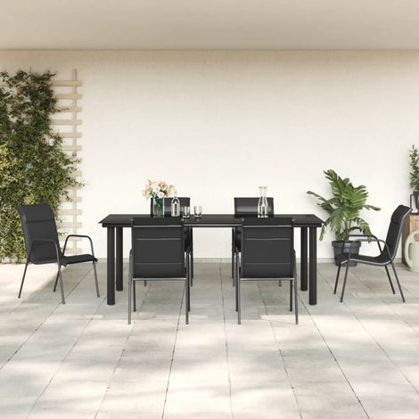 7-tlg. Garten-Essgruppe Schwarz Stahl und Textilene