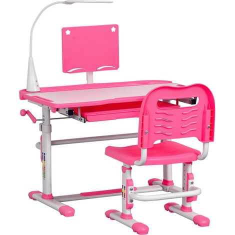 Ensemble Bureau et Chaise Enfant Réglable en Hauteur Plateau Inclinable 45° avec Lampe et Tiroir en Acier MDF Rose 6-12 Ans (1/5)