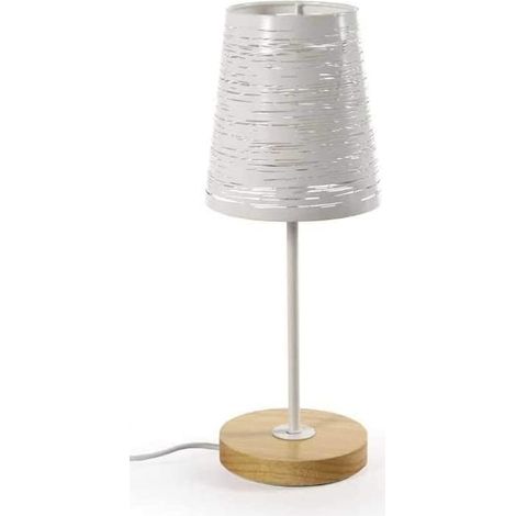 LAMPADA DA TAVOLO CON PARALUME IN METALLO BIANCO E BASE TONDA IN LEGNO DA 35 CM (1/2)