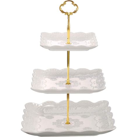 Dreistöckige, weiße Porzellan-Etagere, quadratisches, geprägtes Serviertablett für Cupcakes, Präsentationstablett für Hochzeiten und Partys