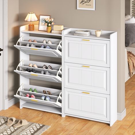 Zapatero con 3 Puertas Abatibles y 1 Cajón, Mueble de Entrada en MDF y Tablero de Partículas, 70×24×120 cm Blanco (1/2)