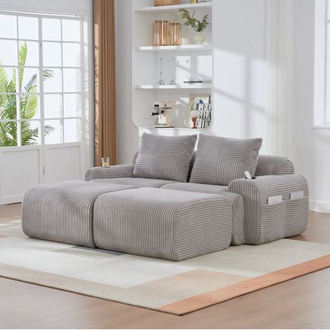 Sofa aus Corduroy in Hellgrau, modularer 2-Sitzer mit Cupholder und Seitentasche, 200x174x80 cm (1/5)