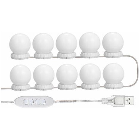Espejo de maquillaje LED con 10 bombillas ajustables, 10 niveles de brillo y 3 modos de iluminación, puerto USB, color blanco. (1/5)