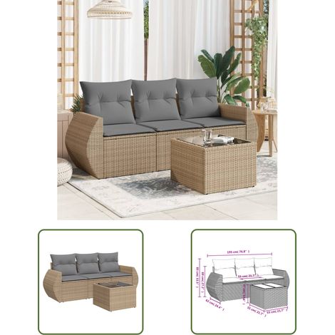 The Living Store 4-tlg. Garten-Sofagarnitur mit Kissen Beige Poly Rattan - Gartenmöbel - Esstisch - Lounge Set - Rattan Möbel - Outdoor Sofa (1/3)