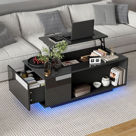 Couchtisch mit LED Lichtstreifen, höhenverstellbarer Lift-Top mit Stauraum, 1 Schublade, Hochglanz, 100×50×40 cm, Schwarz (1/5)