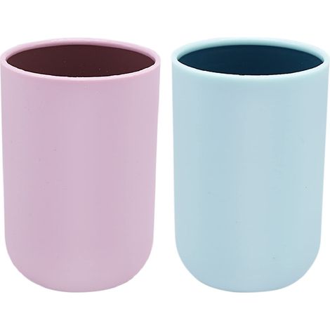 2 Pièces Gobelet Salle de Bain, Gobelet Brosse à Dent, Porte Brosse à Dent en Plastique, Pot Brosse à Dent Salle de Bain (Bleu, Rose) (1/5)