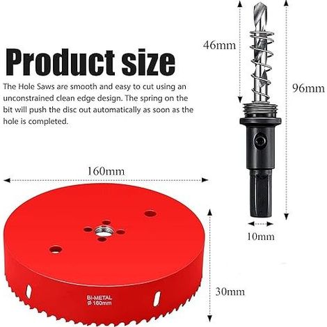 Sierra de corona de 160 mm – Acero rápido bimetálico HSS M42 – Vástago hexagonal y broca incluidos – Para madera, plástico y chapa metálica – Profundidad de corte de 31 mm – tallique1 (1/5)