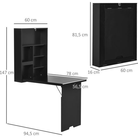 Table murale pliante avec tableau blanc, 60 cm x 94,5 cm x 147 cm, noire (1/5)