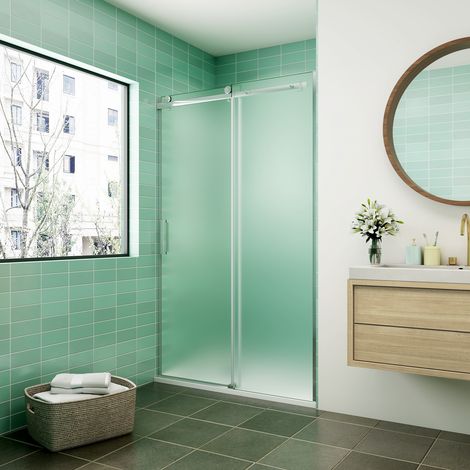 AICA porte de douche coulissante 100x195cm verre sablé installer à droite en verre anticalcaire (1/5)
