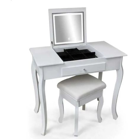 Consola de maquillaje con espejo iluminado y taburete, 80 x 40 x 139 cm, blanca