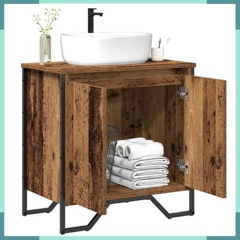 Meuble de lavabo de salle de bain - 869177 - Aspect bois ancien - 60×35×60 cm - 2 portes (1/5)
