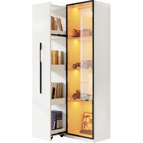 Vitrina Librería con 1 Puerta, cajón lateral extraíble con ruedas y LED, en MDF, Blanco, 70×40×160 cm (1/5)