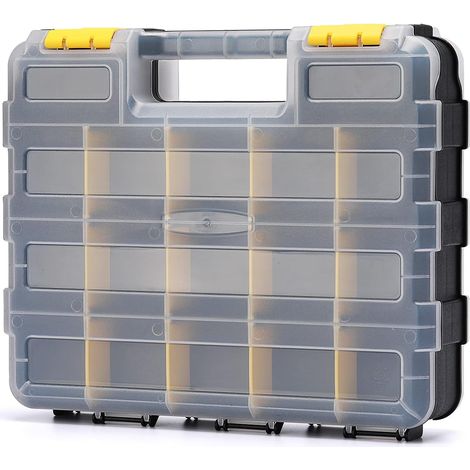 Organiseur à outils double face avec polymère résistant aux chocs et séparateurs en plastique amovibles personnalisables, boîte de rangement, excellent pour vis, 34 compartiments, noir/jaune (1/5)