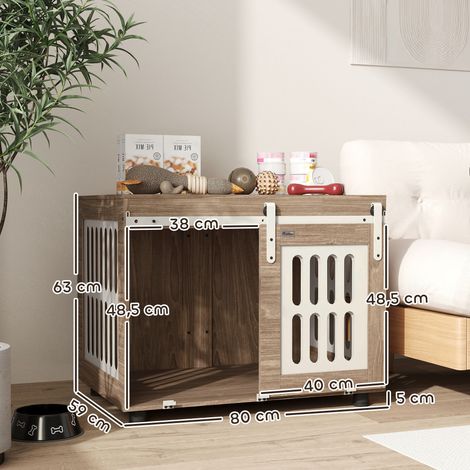 Meuble cage pour chien avec porte coulissante. maison pour chien de moyenne. table d'appoint. 80 x 59 x 63 cm. noyer (1/5)