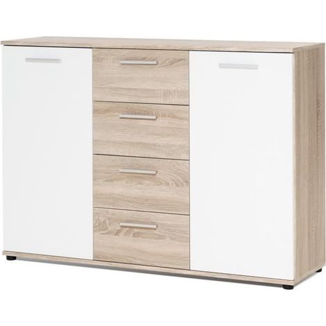 Buffet 2 portes 4 tiroirs 120x35x85 cm décor chêne sonoma et blanc (1/4)