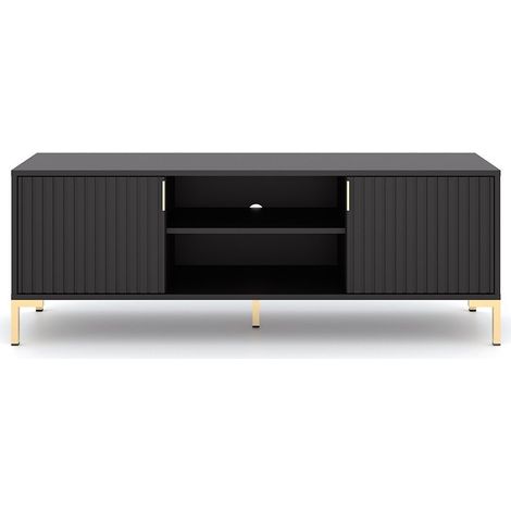 Meuble TV 2 portes 2 niches 140 cm noir et naturel - FLINA (1/5)