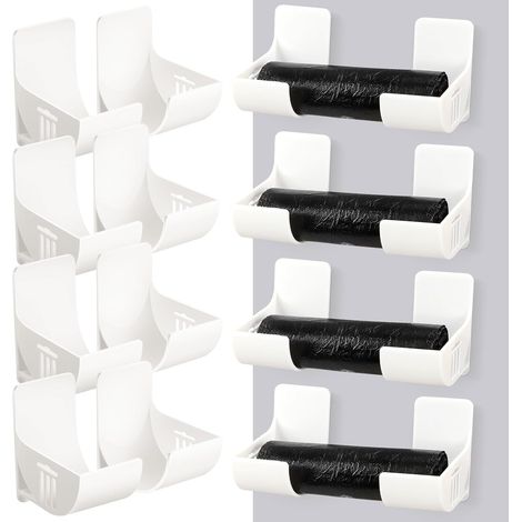 Lot de 8 (4 paires) de supports pour sacs poubelles - Montage mural - Non perforé - Organiseur de cuisine - Boîte de rangement pour sacs, feuille d'étain, sac poubelle (1/5)