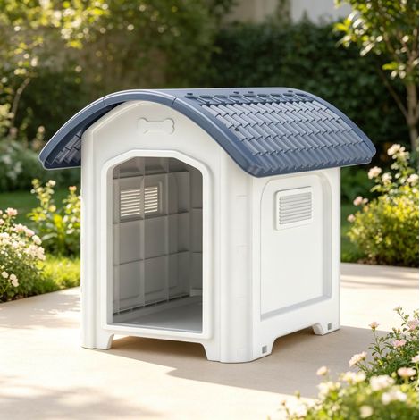 Cuccia da esterno per cane 71 x 60 x 63 cm in PP, tetto impermeabile, bianco e grigio OKMYHOME (1/5)