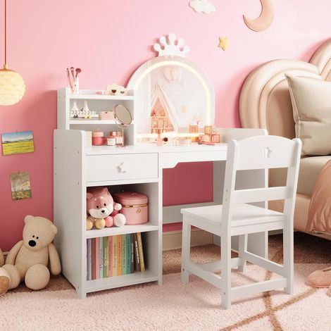 Coiffeuse 2 en 1 pour Enfants avec Miroir Lumineux LED et Tabouret - Table de Maquillage Princesse en Bois avec Bibliothèque et Rangements pour Chambre de Fille
