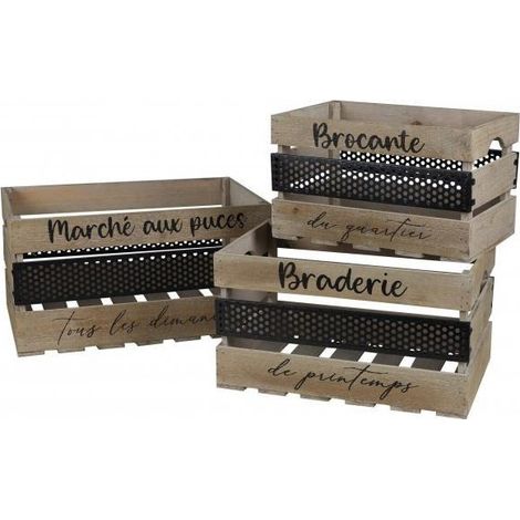 Lot de 3 caisses en bois "Loft & Wood" - Beige/Noir - L 48 x P 33 x H 25 cm - Livraison gratuite (1/3)