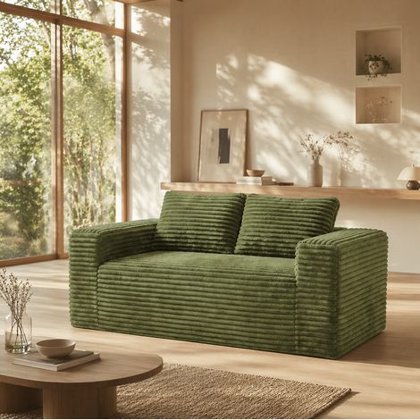 Divano da pavimento 2 posti 160 x 88 x 58 cm in velluto a coste verde HAVRYA (1/5)