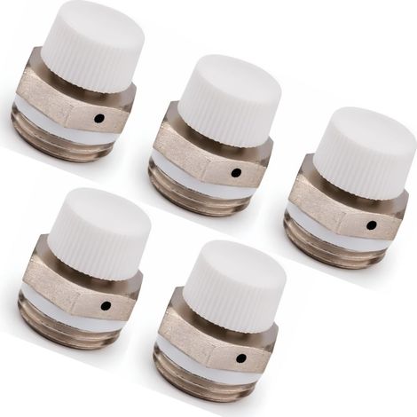 Lot de 5 purgeurs d'air manuels radiateur 1/2" 15/21, bouchons à volant orientable en laiton nickelé (1/5)