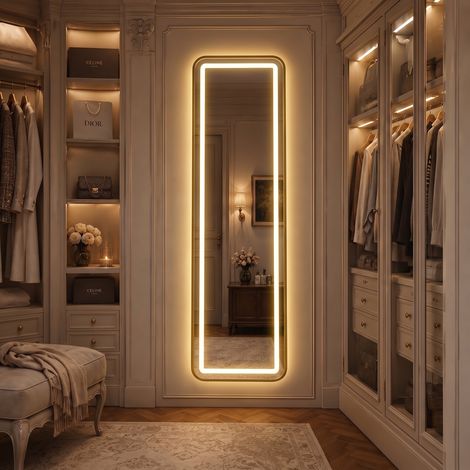Espejo de cuerpo entero con LED 150x40 cm, espejo de pie para dormitorio y salón, apto para montaje en pared, marco rectangular de aluminio resistente a roturas, dorado (1/5)