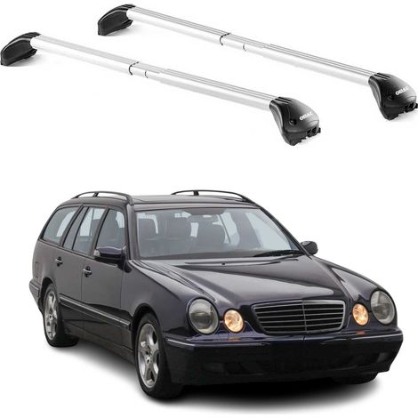 OMAC Barres de toit transversales certifiées TÜV pour Mercedes Classe E S210 Break 1997-2003 – Verrouillables (4 antivols) – Charge max 100 kg – Sangle inox + protection caoutchouc Argent (1/4)