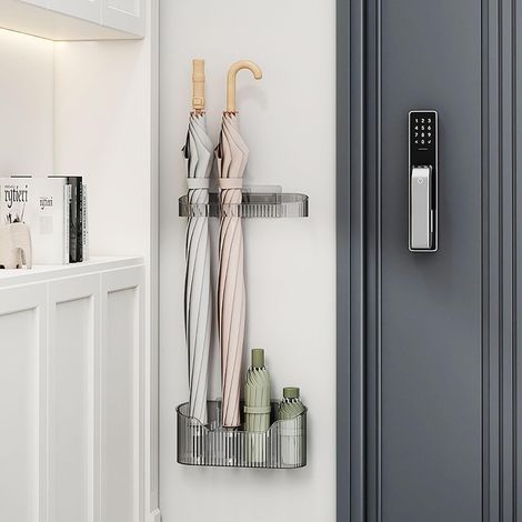 (Gris) Porte parapluies à Fixation Murale, Étagère de Parapluie Autocollante sans Perçage Organisateur D'économie D'espace Support de Parapluie, pour Le Couloir, la Maison, Le Bureau