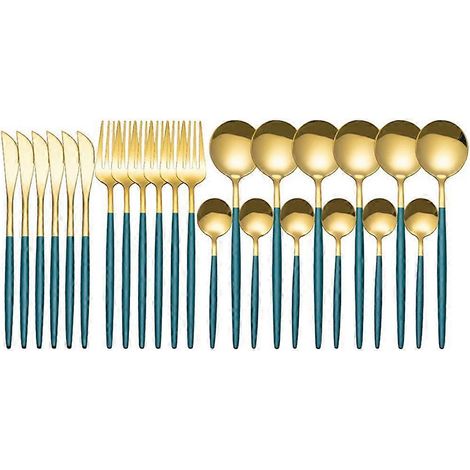 24-teiliges Essservice aus Edelstahl, Besteck (Löffel, Gabel, Messer), westlicher Stil, grün und gold. (1/5)