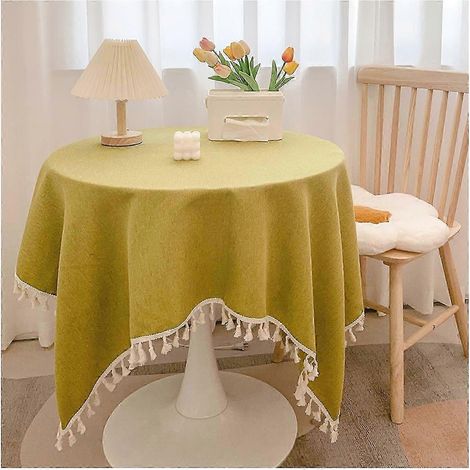 Nappe ronde en coton et lin avec franges lavable couleur unie pour la décoration de la cuisine et de la salle à manger - 60 x 90 cm - Jaune/Vert (1/5)
