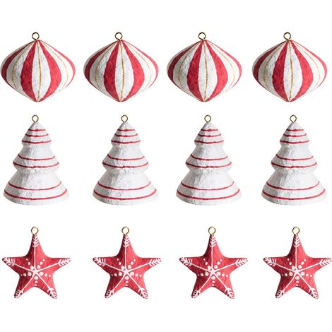 Set di 12 decorazioni natalizie in cartapesta da appendere all'albero di Natale fatte a mano bianche e rosse Gidealven