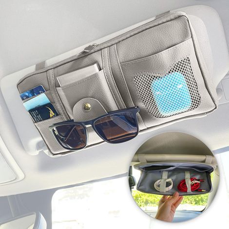 Car Sun Visor Organizer PU Leather Storage Accessory with Inner Pocket Document Holder & Glasses Holder Grey