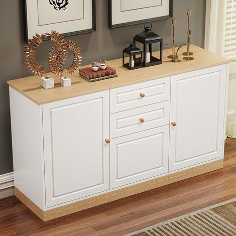 Aparador 135.5x39x76 cm blanco y madera de aglomerado con 3 puertas, 2 cajones y estantes ajustables (1/5)