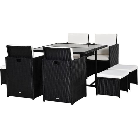 Salon de Jardin encastrable 8 personnes résine tressée imitation rotin noir 4 fils coussins déhoussables crème 9 pièces (1/5)