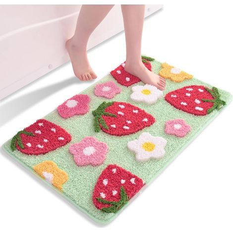 Erdbeergrüne Badematte – Rutschfest und waschbar – Mehrfarbig – Weiche Mikrofaser – Saugfähig – 50 x 80 cm (1/5)