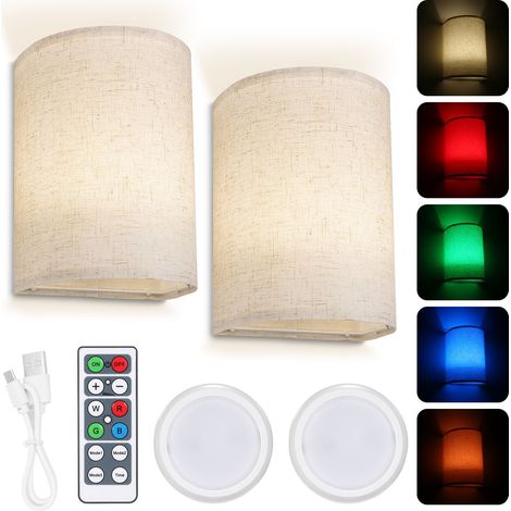 Lot de 2 appliques murales rechargeables avec abat-jour en tissu et télécommande, 16 couleurs RVB variables, luminaires muraux à intensité variable (1/5)