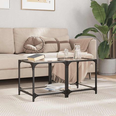 Tables basses avec plateau en verre transparent, bois et acier, lot de 2, 40 x 40 x 40 cm - PANGIVO (1/5)