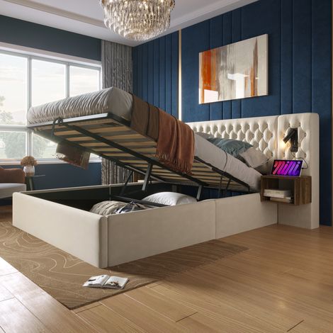 MODFU – Letto contenitore 160x200 cm in velluto con sollevamento idraulico, 2 comodini integrati, lampade USB/Type-C e rete a doghe – Beige (1/5)