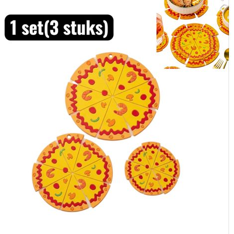 Lot de 3 sets de table et dessous de verre en forme de pizza, accessoires de table 3D amusants, antidérapants et résistants à la chaleur, décoration originale pour repas, fêtes et événements (1/5)