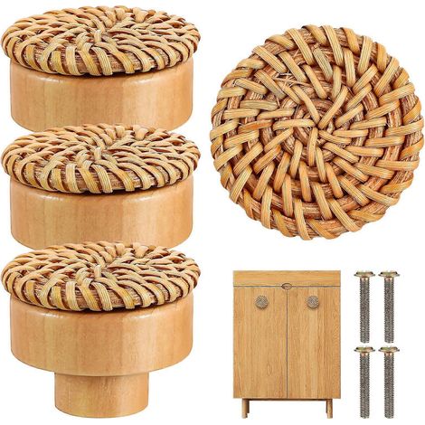 Lot de 4 boutons de commode bohèmes en rotin, boutons de tiroir bohèmes en bois, poignées tressées pour meubles (1/3)