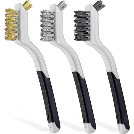 Lot de 3 mini brosses métalliques multi-usages poignée souple - brosses nylon, laiton, acier pour retrait peinture, scories soudure, rouille sur grilles, carreaux, bois, métal, brique