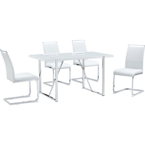 Set mit 4 weißen Esszimmerstühlen aus Metall mit hoher Rückenlehne aus PU und Leinen (1/5)