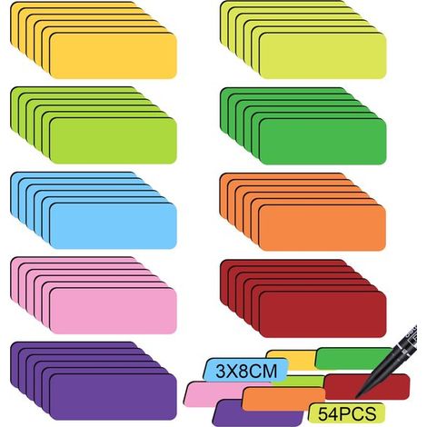 Aimants - 54 autocollants magnétiques colorés pour tableau noir - Étiquettes pour réfrigérateur - Écriture créative - 3 cm de large x 8 cm de long - 9 couleurs (1/5)