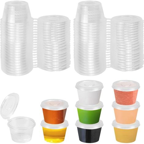 Lot de 100 verres à sauce ronds en plastique, couvercle inclus, 25 ml, blanc transparent, boîtes à sauce en plastique pour snacks et crèmes (1/5)